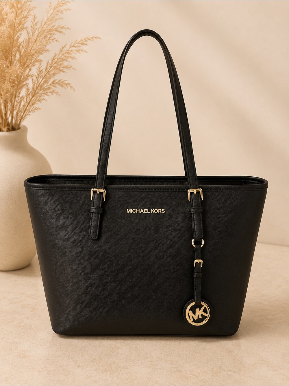Michael Kors Jet Set Travel Black Leather Zip Top Tote Structured Shoulder Bag